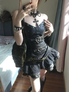 Gothic Off Shoulder Skinny Ruffle Short Skirt Set - PWM