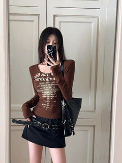 Gothic Letter Print Long Sleeve Tops - PWM