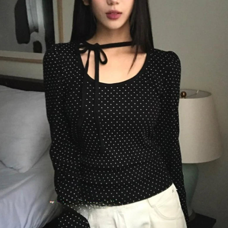 Dot Round Neck Long Sleeve Tops - PWM