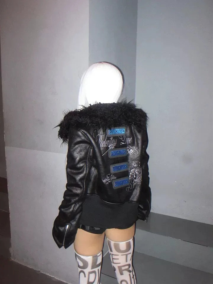 Fur Collar Metal Patch Leather Jacket