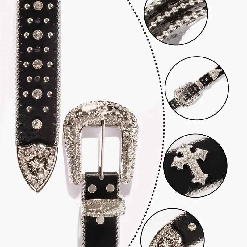 Cross Rhinestone Belt Engraved Buckle