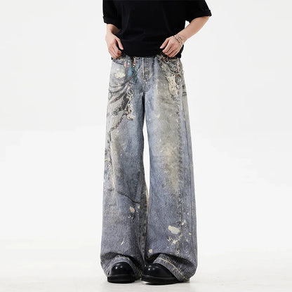 3D Chain Printed Baggy Jeans