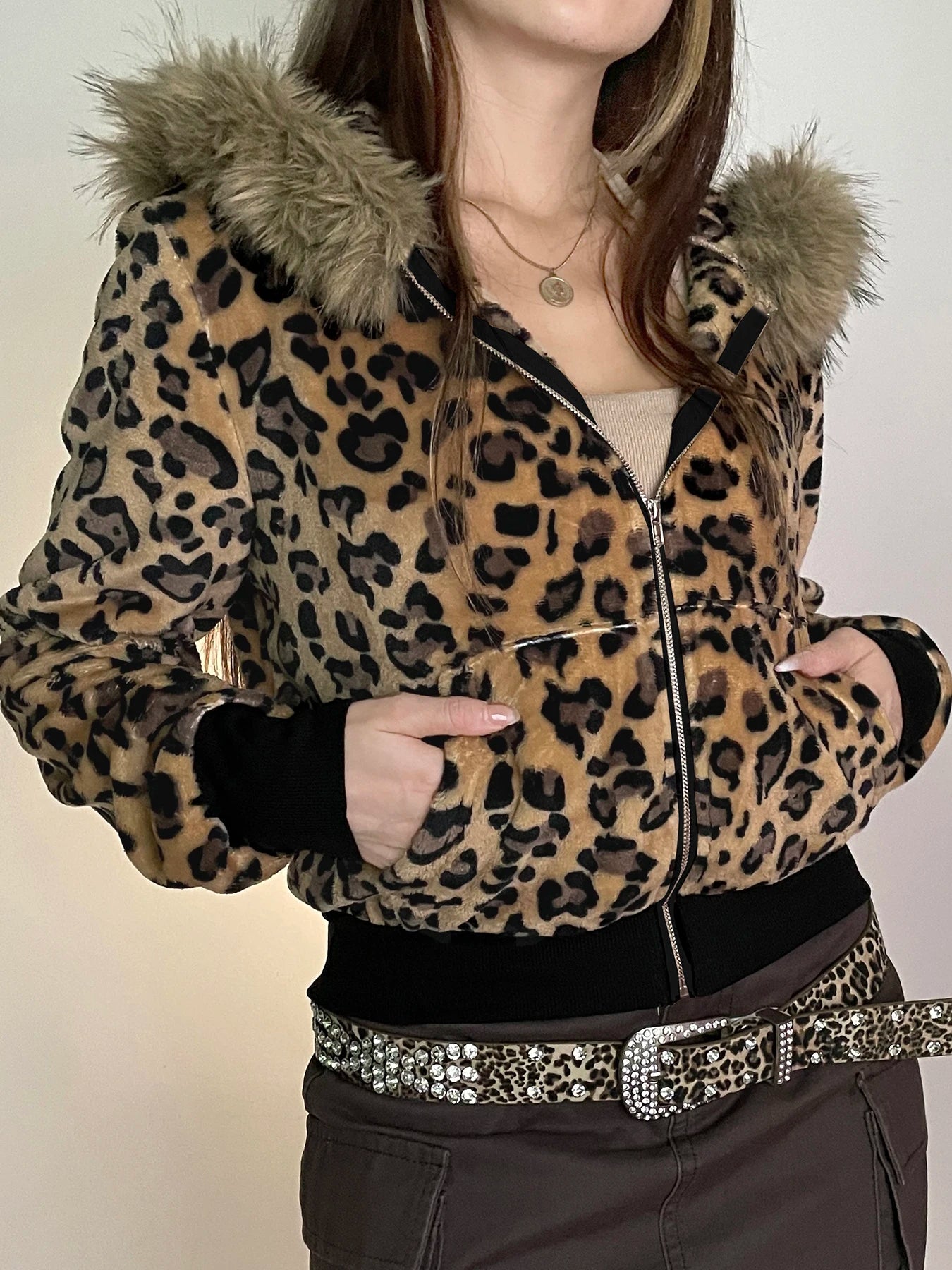 Fur Trim Leopard Zipper Hoodie