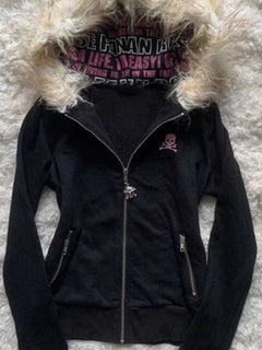 Letter Skull Embroidery Zipper Hoodie - PWM