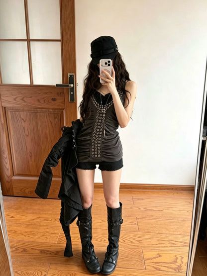 Metal Rivet Gathered Pleated Halter Hooded Vest