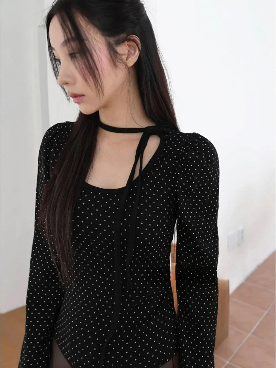Dot Round Neck Long Sleeve Tops - PWM