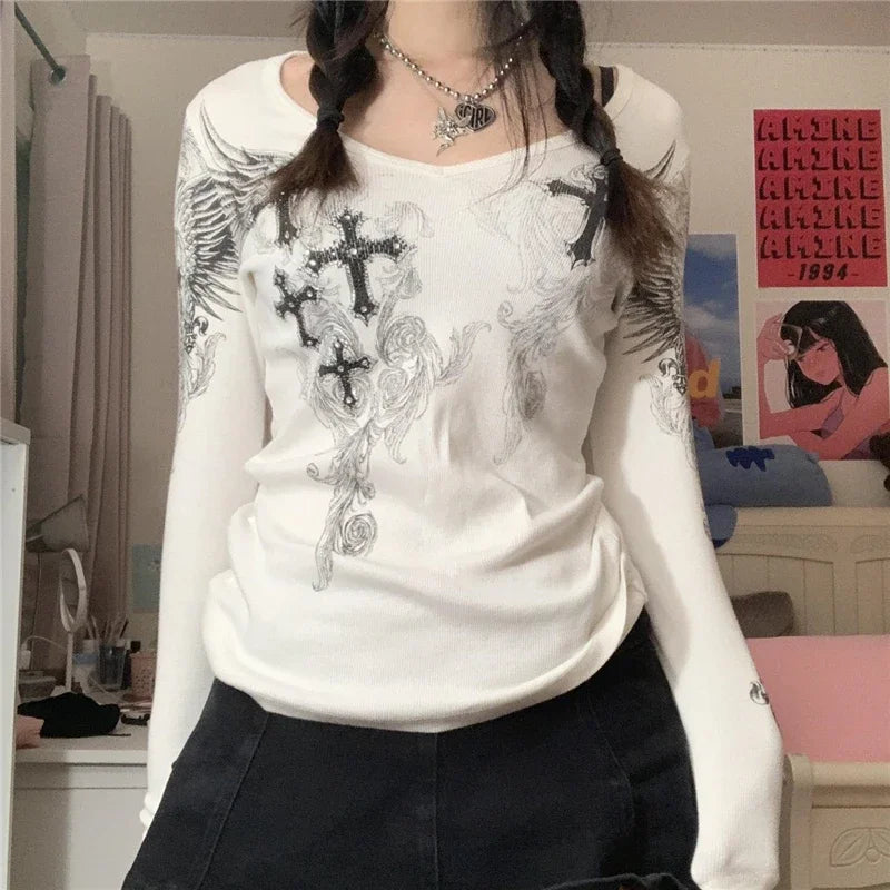 Cross Wings Print Long Sleeve Shirt