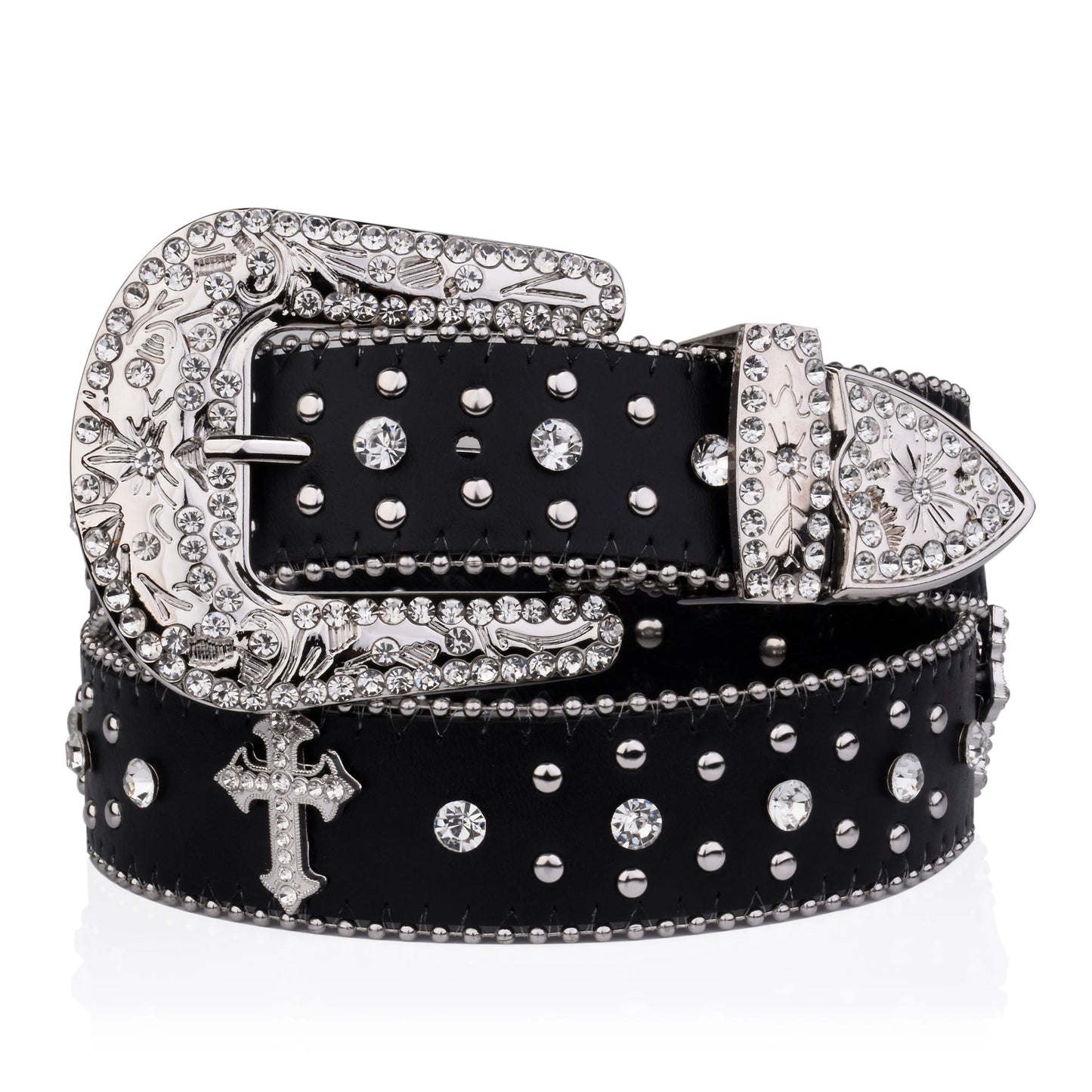 Cross Rhinestone Belt Engraved Buckle