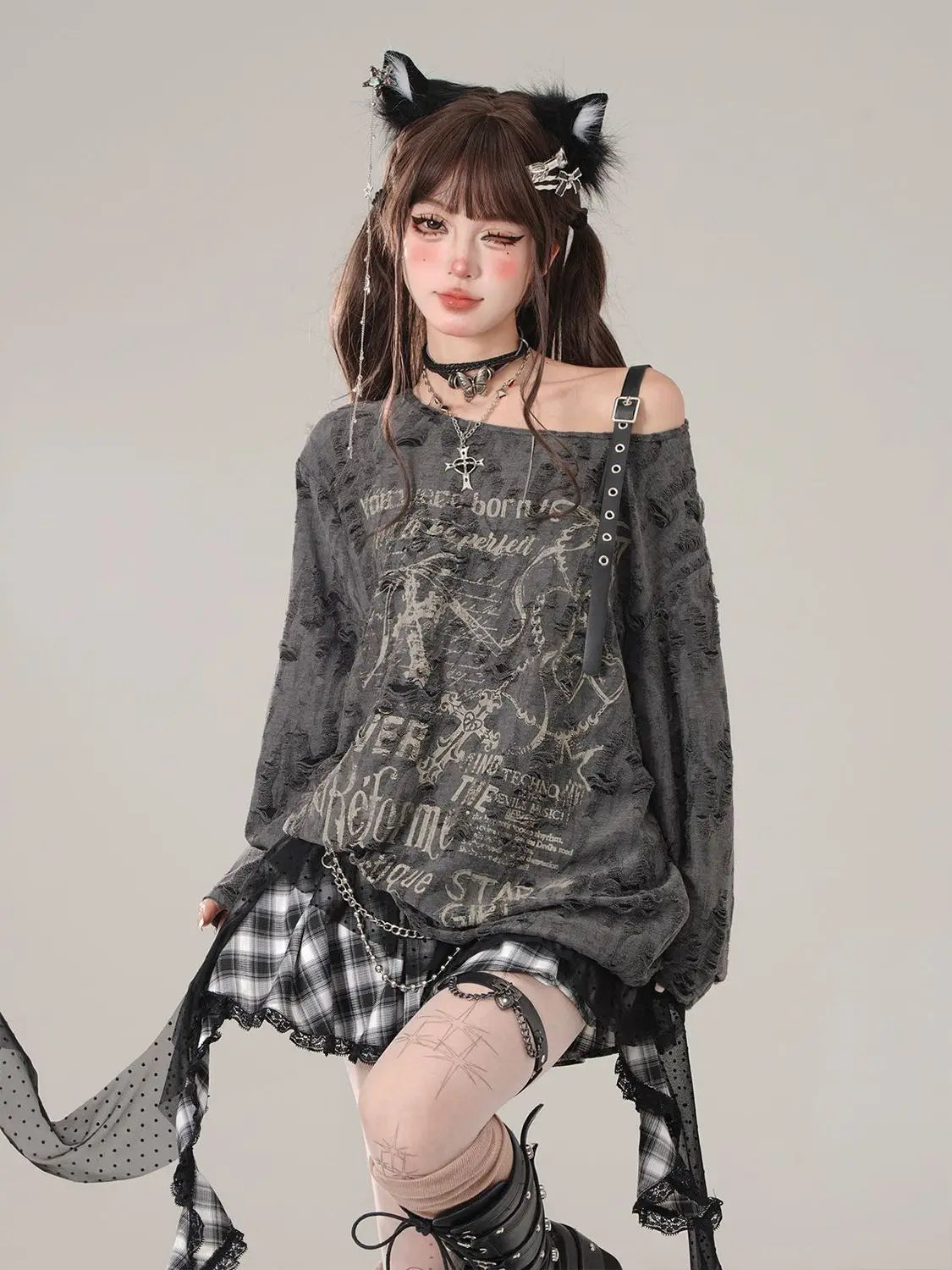 Gothic Cross Letter Graphic Off Shoulder Tops - PWM