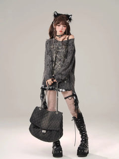 Gothic Cross Letter Graphic Off Shoulder Tops - PWM