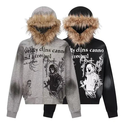 Fur Collar Graphic Hooded Jacket