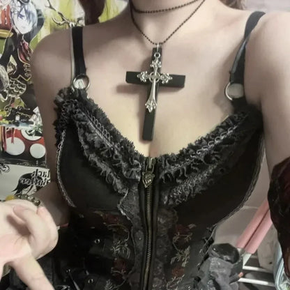 Gothic Punk Large Wood Cross Pendant Necklace