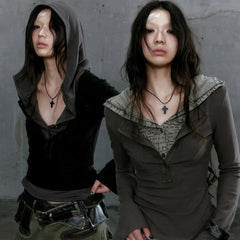 Fake Two Pieces Crop Hooded Top - PWM