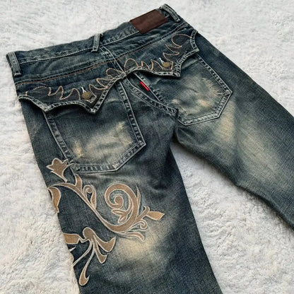 Splicing Embroidery Flare Pants