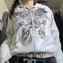 Imcute Wing Print Mall Goth Zipper Hoodie - PWM