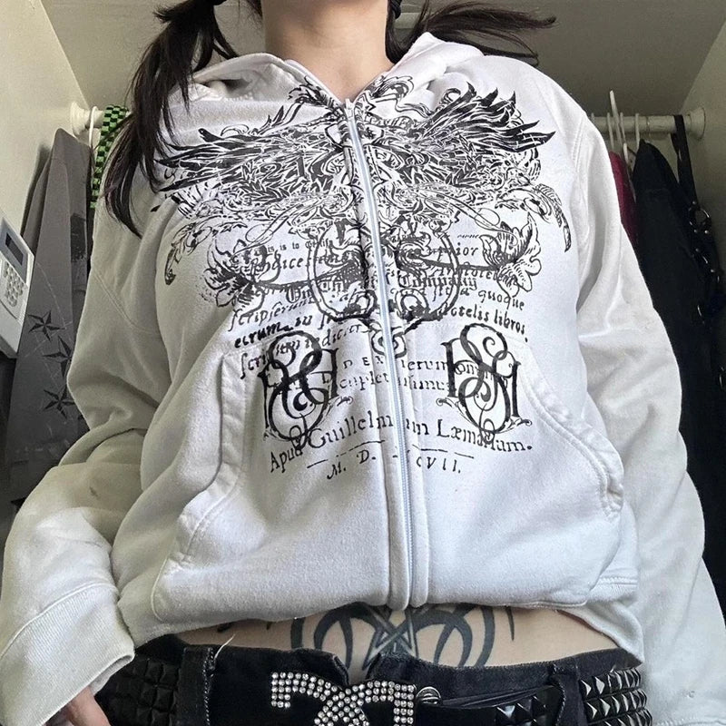 Imcute Wing Print Mall Goth Zipper Hoodie - PWM