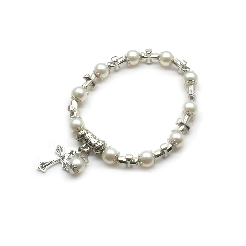 White Glass Pearl Cross Elastic Rosary Bracelets