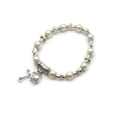 White Glass Pearl Cross Elastic Rosary Bracelets - PWM