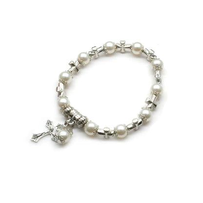 White Glass Pearl Cross Elastic Rosary Bracelets