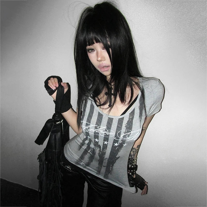 Striped Short-Sleeve Letter Print T-shirt