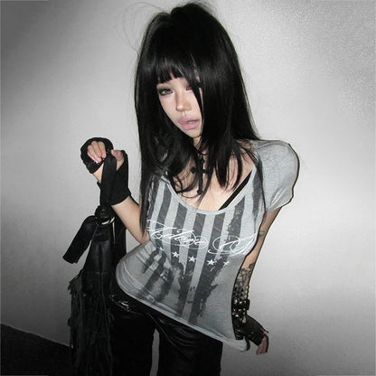 Striped Short-Sleeve Letter Print T-shirt