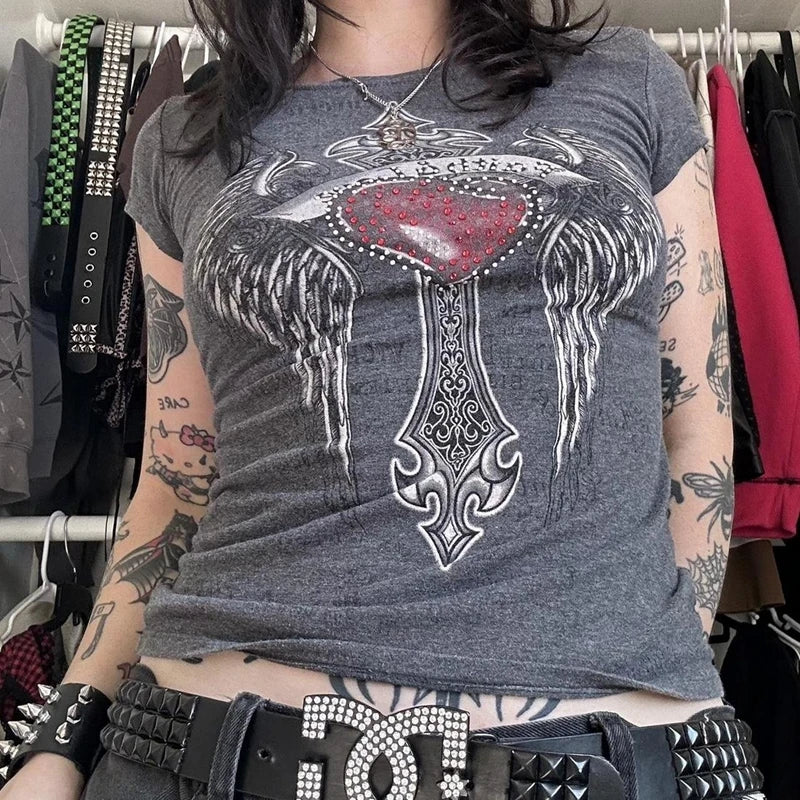 Rhinestone Gothic Graphic Print T-shirt - PWM