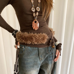 Plush Brown Belt With Ethnic Beaded Waist Rope - PWM