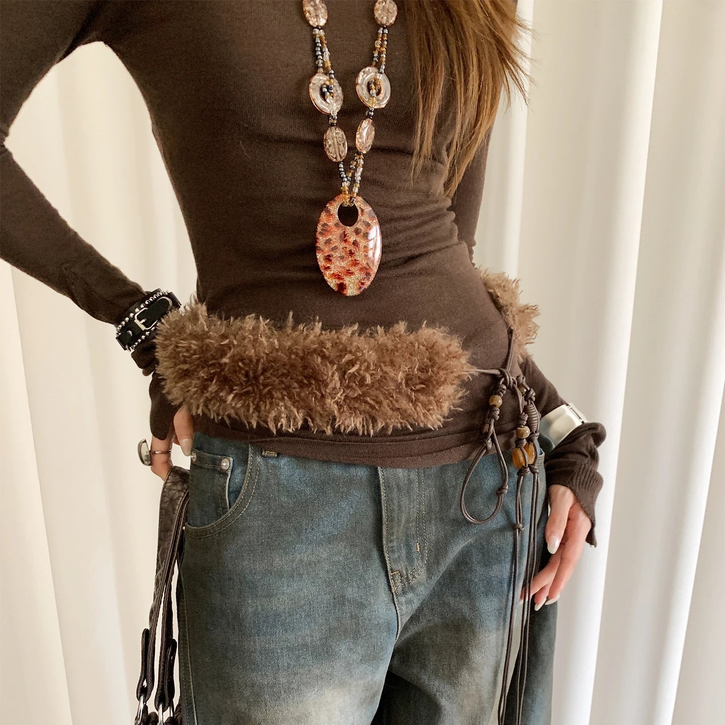 Plush Brown Belt With Ethnic Beaded Waist Rope - PWM