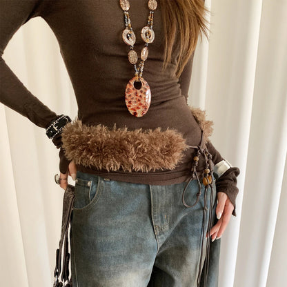 Plush Brown Belt With Ethnic Beaded Waist Rope