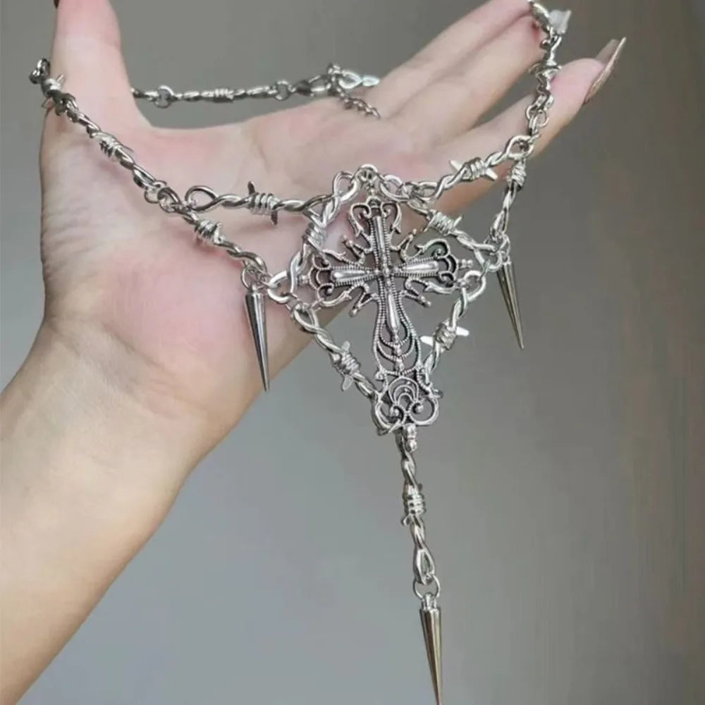 Barbed Wire Thorns Cross Pendant Necklace