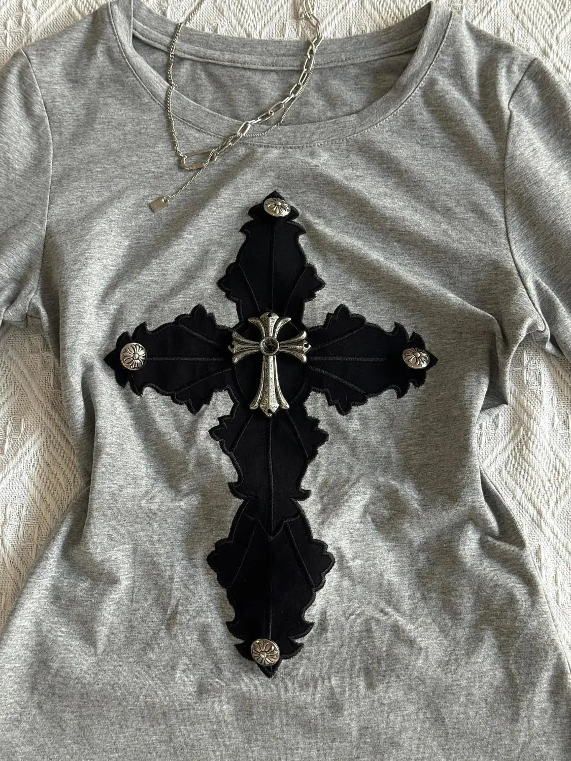 Cross Patchwork Rivet Long Sleeve Tops - PWM