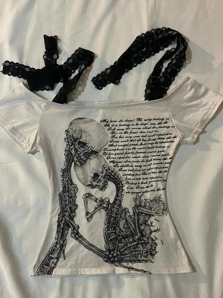 Lace Patchwork Bandage Crop T-Shirts - PWM