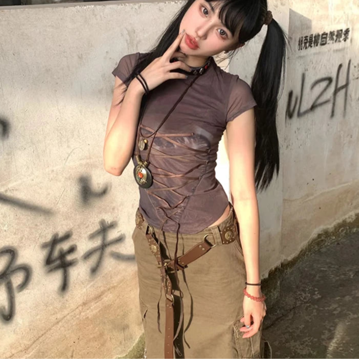 Short Sleeve Lace Up Print Graphic Tops - PWM