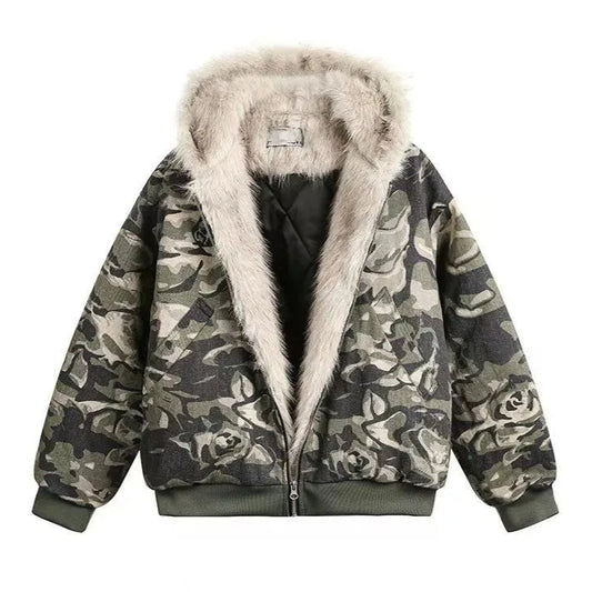 Camouflage Fur Collar Padded Jacket