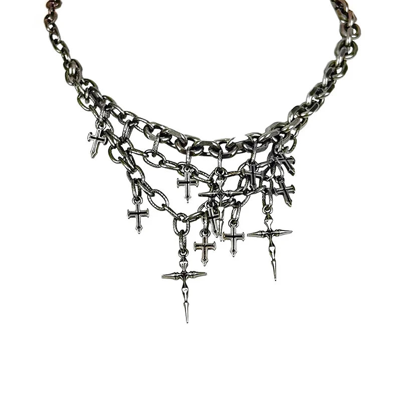 Multi-Chain Layered Choker Cross Necklace