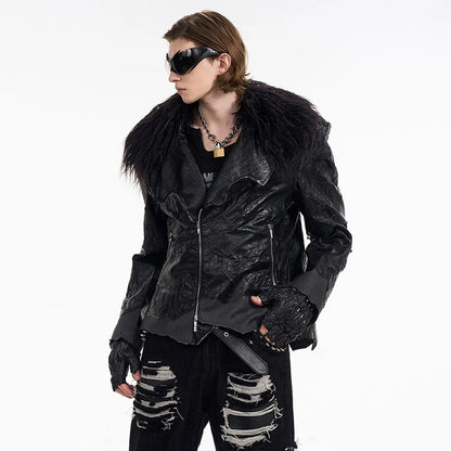 Fur Neck Patchwork Leather Jacket