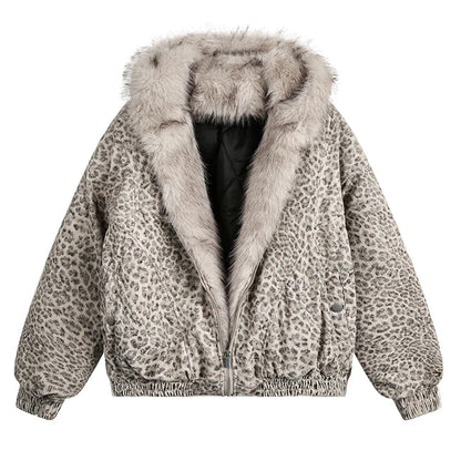 Leopard Print Fur Collar Hooded Jacket