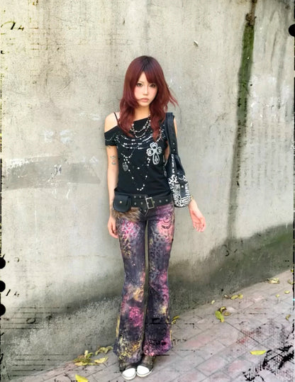 Off Shoulder Rhinestones Print T-shirt