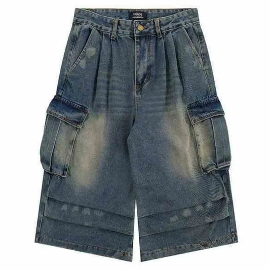 Washed Denim Cargo Shorts