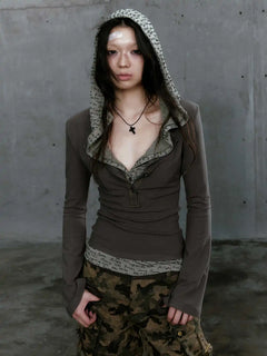 Fake Two Pieces Crop Hooded Top - PWM