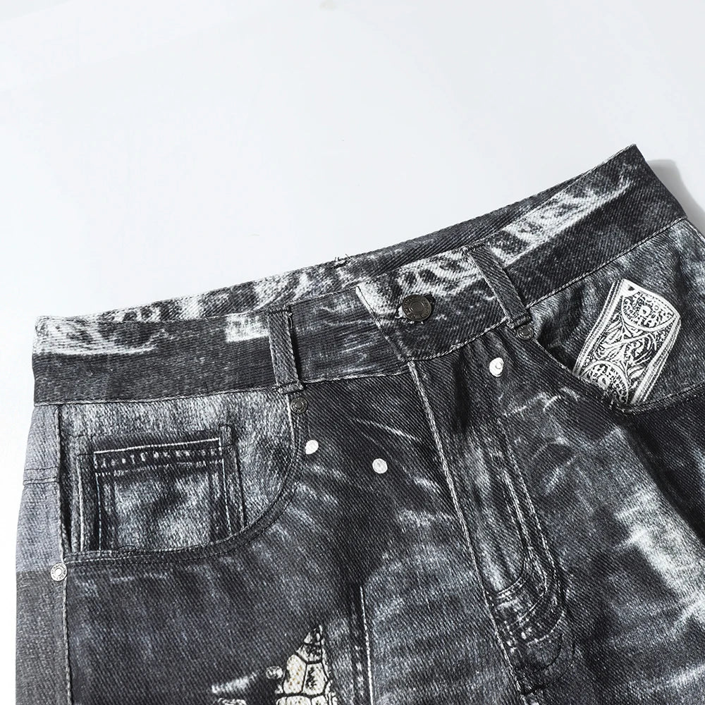 Gothic Pattern Washed Straight Loose Denim