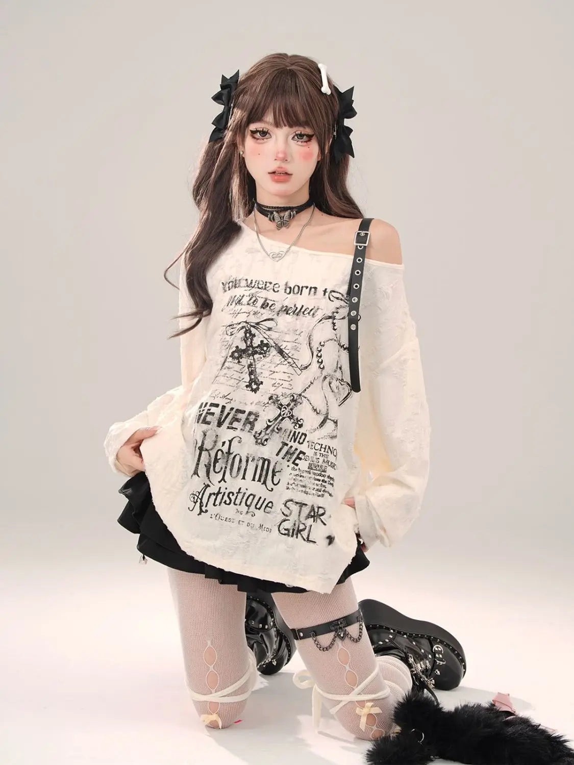 Gothic Cross Letter Graphic Off Shoulder Tops - PWM