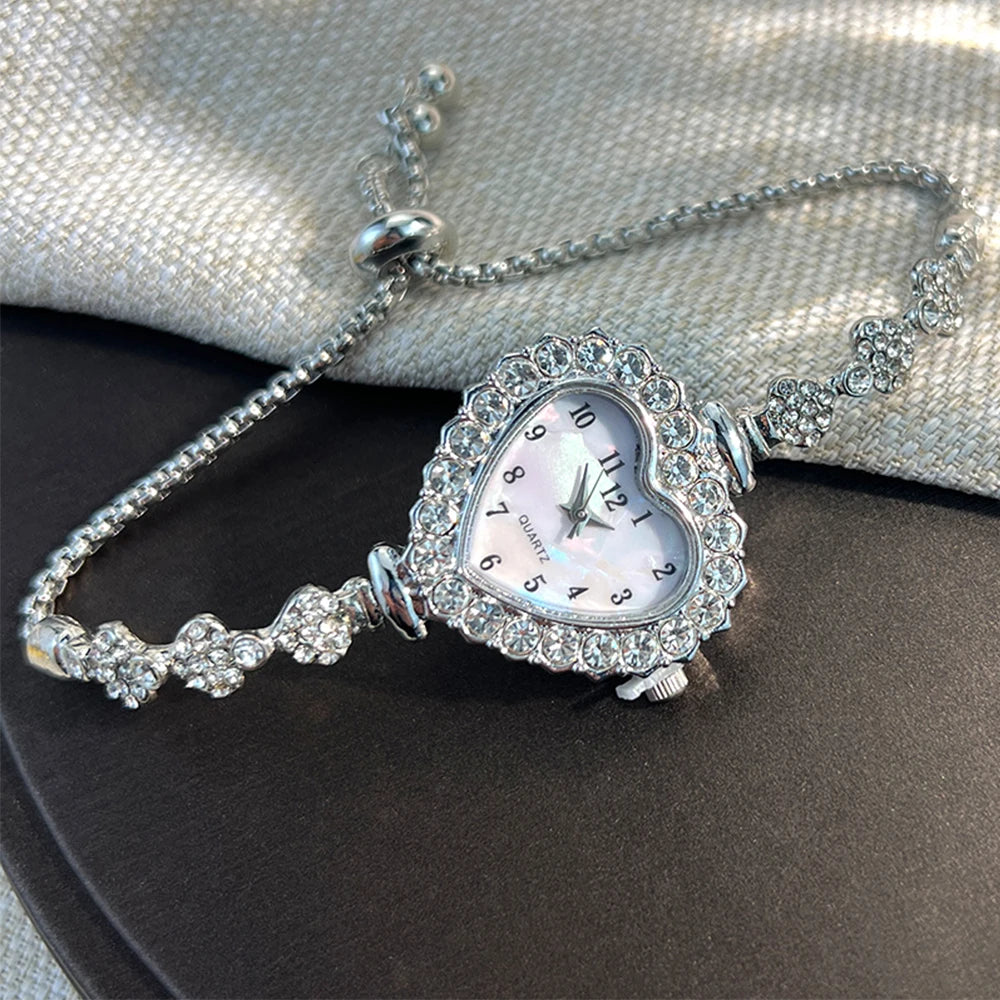 Heart Diamond-Studded Flower Watch Blacelet - PWM