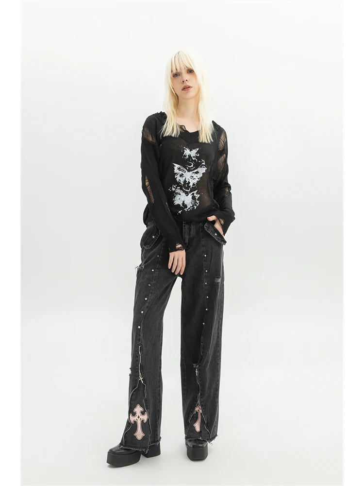 Denim Gothic Rivet Straight Pants