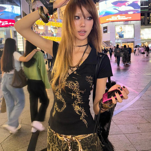 Gothic Tribal Print V-neck Short T-shirt