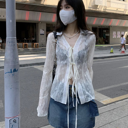 Lace Up Long Sleeve Blouse