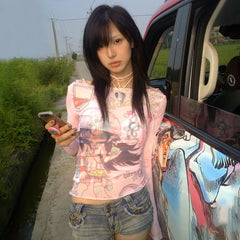 Anime Print Mesh Pink Sheer Top - PWM