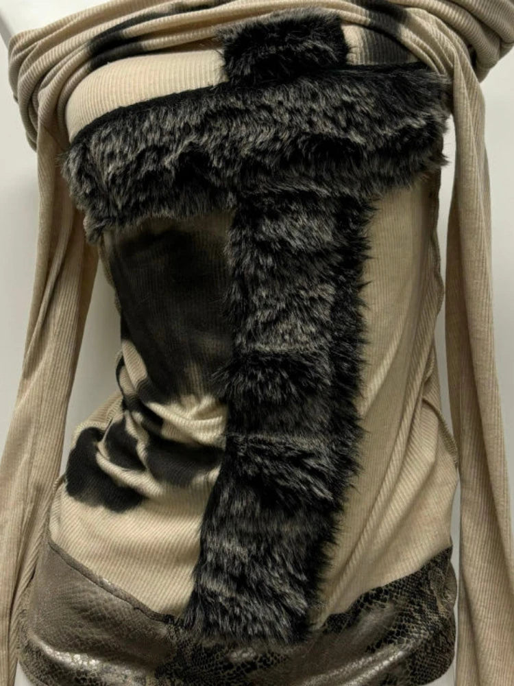 Fur Patchwork Slash Neck Tops - PWM