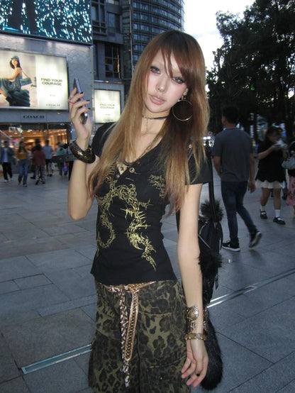 Gothic Tribal Print V-neck Short T-shirt