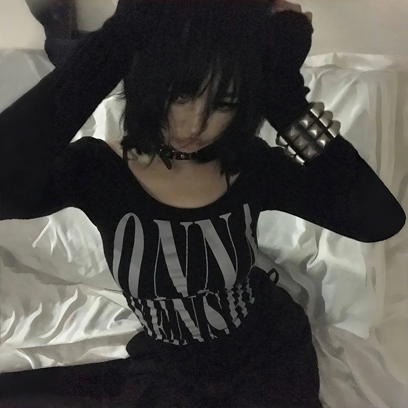 Letter Print Crop Top Long Sleeve T-shirt - PWM